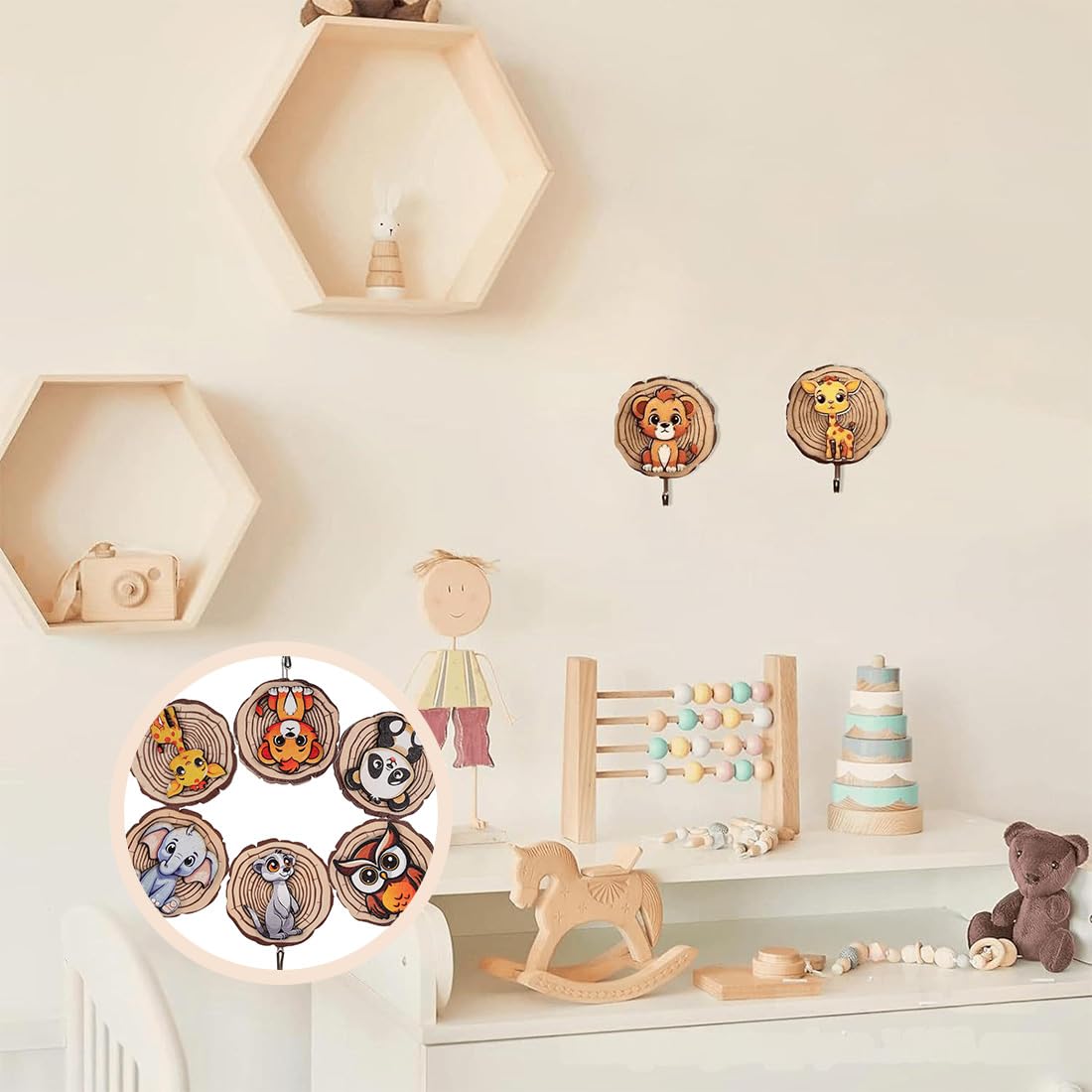 Appendiabiti per bambini a forma di animale, Ganci Autoadesivi in legno, 6 pezzi regalo camera