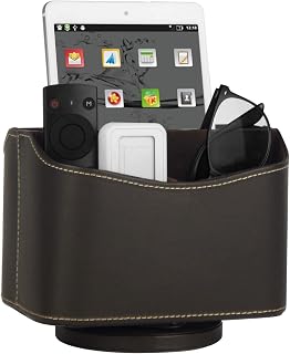 HofferRuffer Spinning Remote Control Holder, Remote Controller Holder, Remote Caddy, Media Storage Organizer, Spinning Remote Control Organizer, 7.3X 5.5 x 6 inches, Brown PU Leather