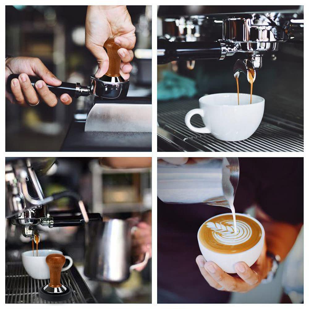 Atliberswo Koffie tamper 51 mm set, espresso tamper accessoires met 350 ml roestvrij staal melkkannetje en latte-art pen, 16 x koffiesjabloon, espresso tamper mat, reinigingsdoekje