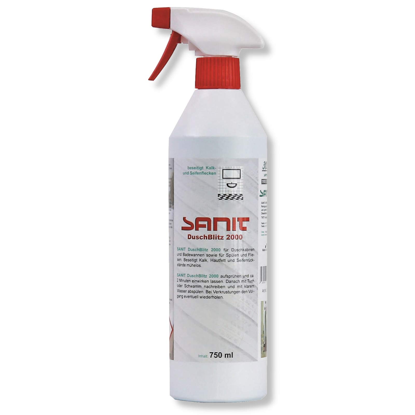 DEWEPRO-Set: SANIT DuschBlitz 2000 (3015) - 2 Flaschen à 750ml - beseitigt mühelos Kalk, Hautfett und Seifenrückstände auf Duschkabinen, Fliesen und Wannen, inkl. 1 St. DEWEPRO® Single Scrubs
