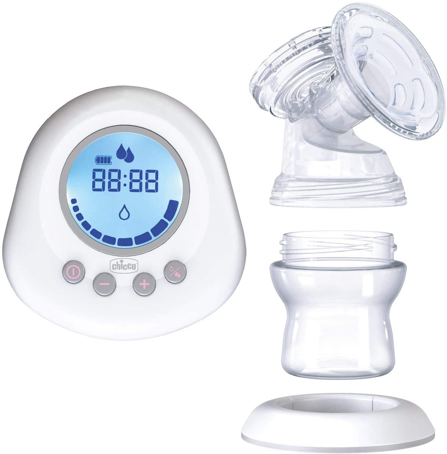 Chicco Naturally Me Elektrische Milchpumpe mit Stimulations- und Zugmodi, 10 Intensitätsstufen, ergonomische Form, mit geneigtem Sauger und luftdichtem Deckel, 150 ml