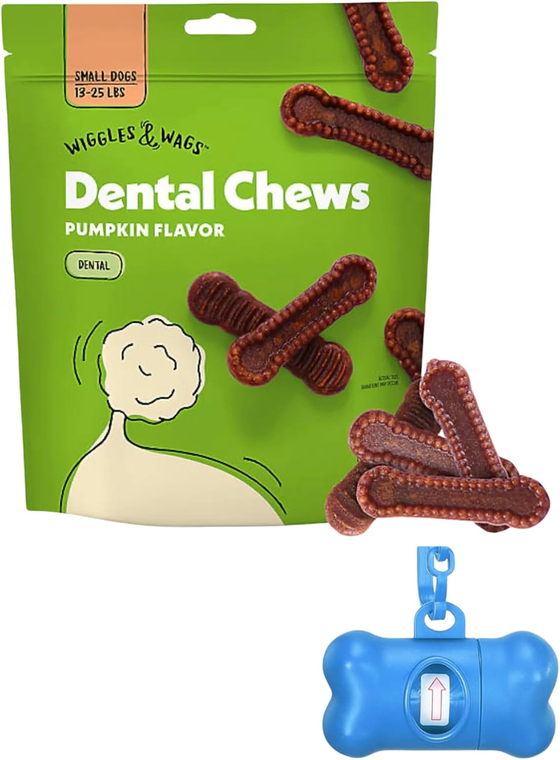 Wiggles & Wags Dental Chews for Small Dogs, Pumpkin Flavor, 12 Ounces with Bone Shaped Dispenser & Roll