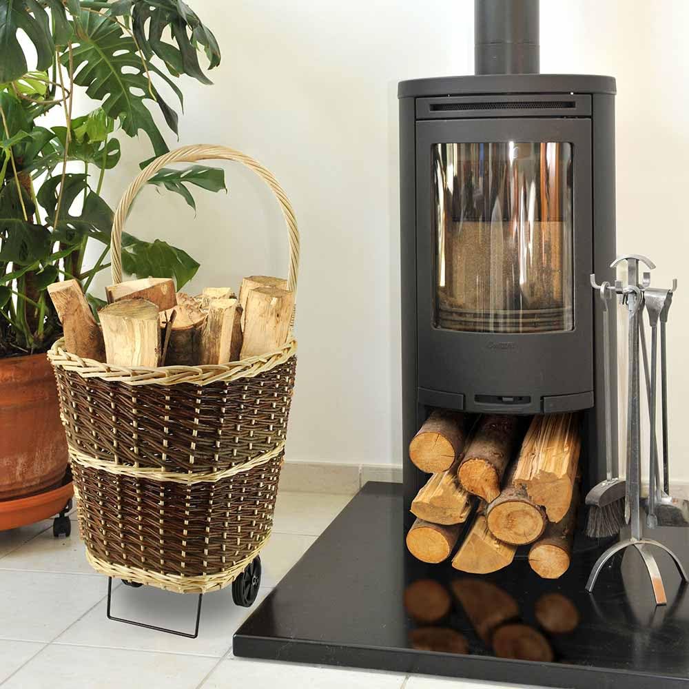FACILITYS - Carro para Leña de Mimbre, 55 L – Carro de Transporte de Leña, 25 kg Máx, 46 x 43 x 92 cm – Carro Guarda Leña Interior, para Chimenea – Carro con Ruedas – Leñero Interior- Capazo Leñero