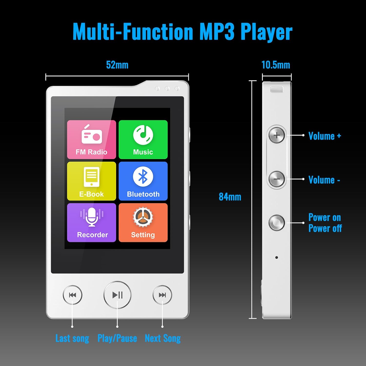 64GB MP3 Player with Sturdy Build & Durable,Aluminum Alloy,Phinistec Portable Mini Bluetooth Music Player with FM Radios,50 Hours Long Battery Life,2.4" Touchscreen,Up to 256GB