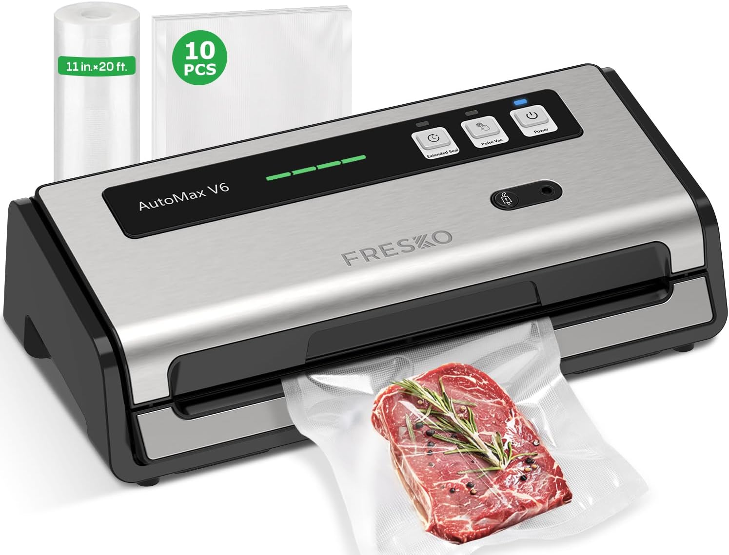 FRESKO Food Vacuum Sealer with Automatic Bag Detection, 0.2-inch Widened Heating Strip, Built-in Bag Roll Storage & Cutter, 2 Rolls Bags, Starter Kit
