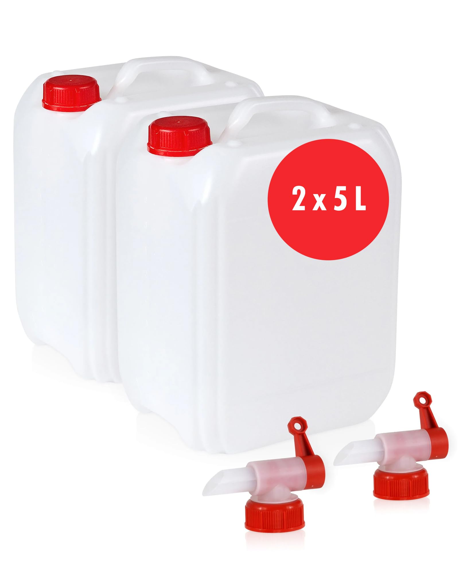 Höfer Chemie Ensemble de Bidons d'Eau 2 x 5 L - Jerrican Alimentaire | Accessoire de Camping Idéal pour les Liquides - Avec Robinet de Vidange et Bouchon à Vis - Empilable et Robuste