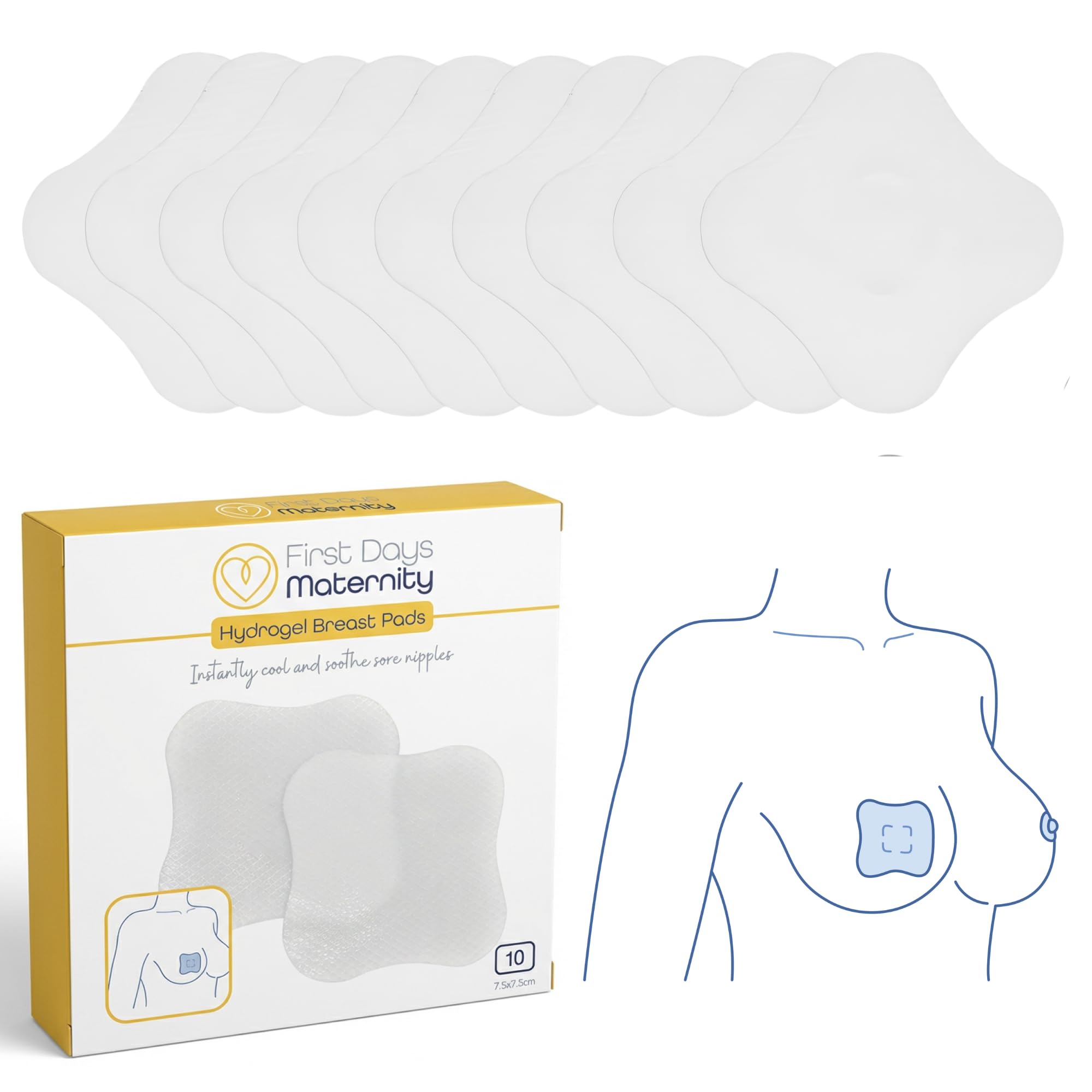 First Days Maternity - Hydrogel Breast Pads for Sore Nipples, Instant Cooling Relief, Suitable for All Skin Types, Pads with Soft Fabric Backing and 1 mm Thickness, 7.5 cm x 7.5 cm, Pack of 10 Pads