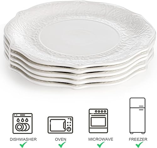 Miniatura 3 de SOUJOY Juego de 6 platos llanos de porcelana, platos blancos de 10.5 pulgadas, platos de vajilla con impresión en relieve para cena, restaurante,