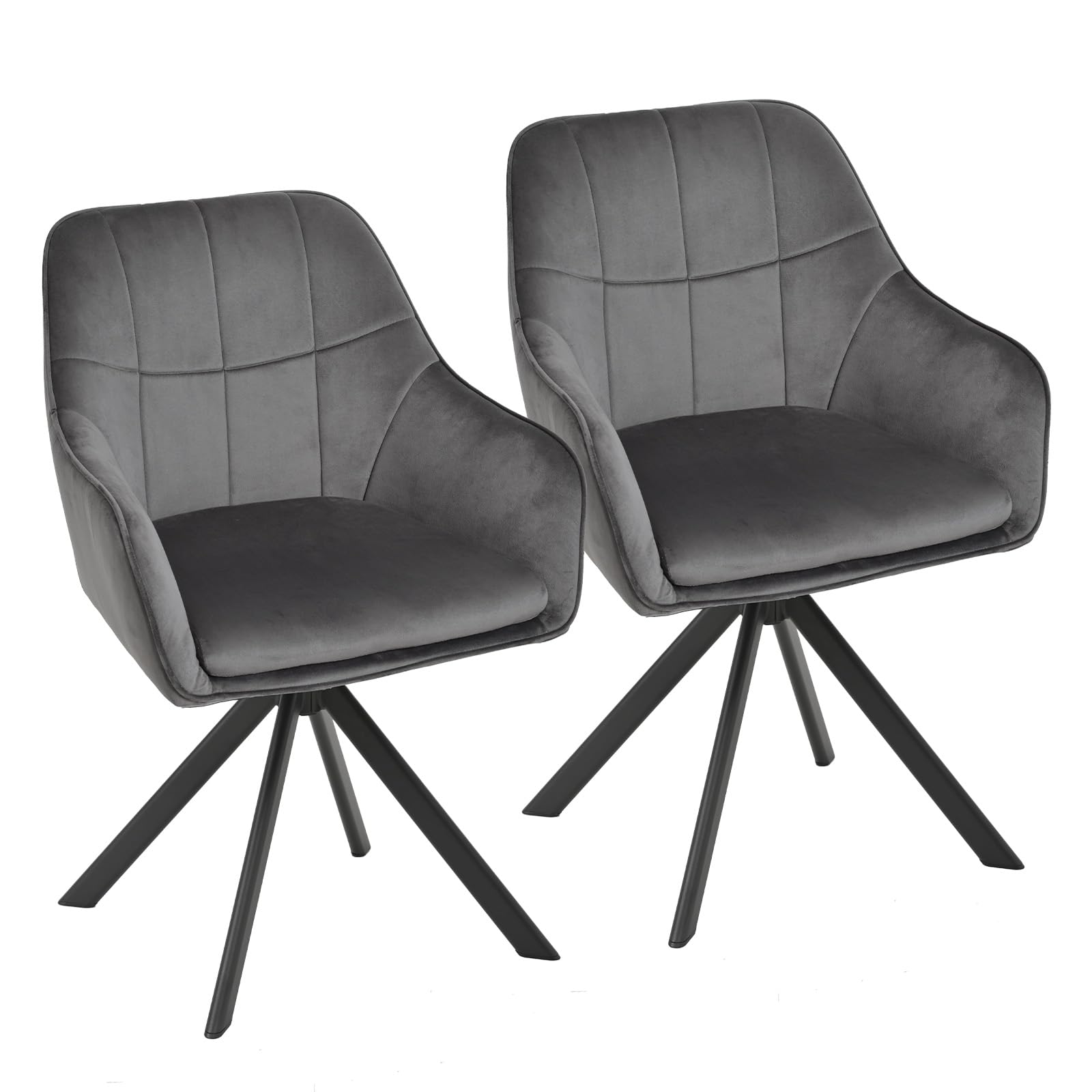 Goeurvant 360° Swivel Dining Chairs Set of 2, Dark Grey Velvet Armchairs, Ergonomic Designed Chairs with Armrests and Metal Legs for Apartment, Dining Room, Kitchen, Study, Vanity, Office