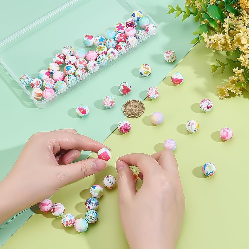 PH PandaHall 60PCS Flower Print Round Silicone Beads, 15mm Silicone Focal Beads Flower Loose Spacer Bubblegum Ball Bead with Pattern for Beaded Pens Necklace Bracelets Keychain Jewelry Making - Image 3