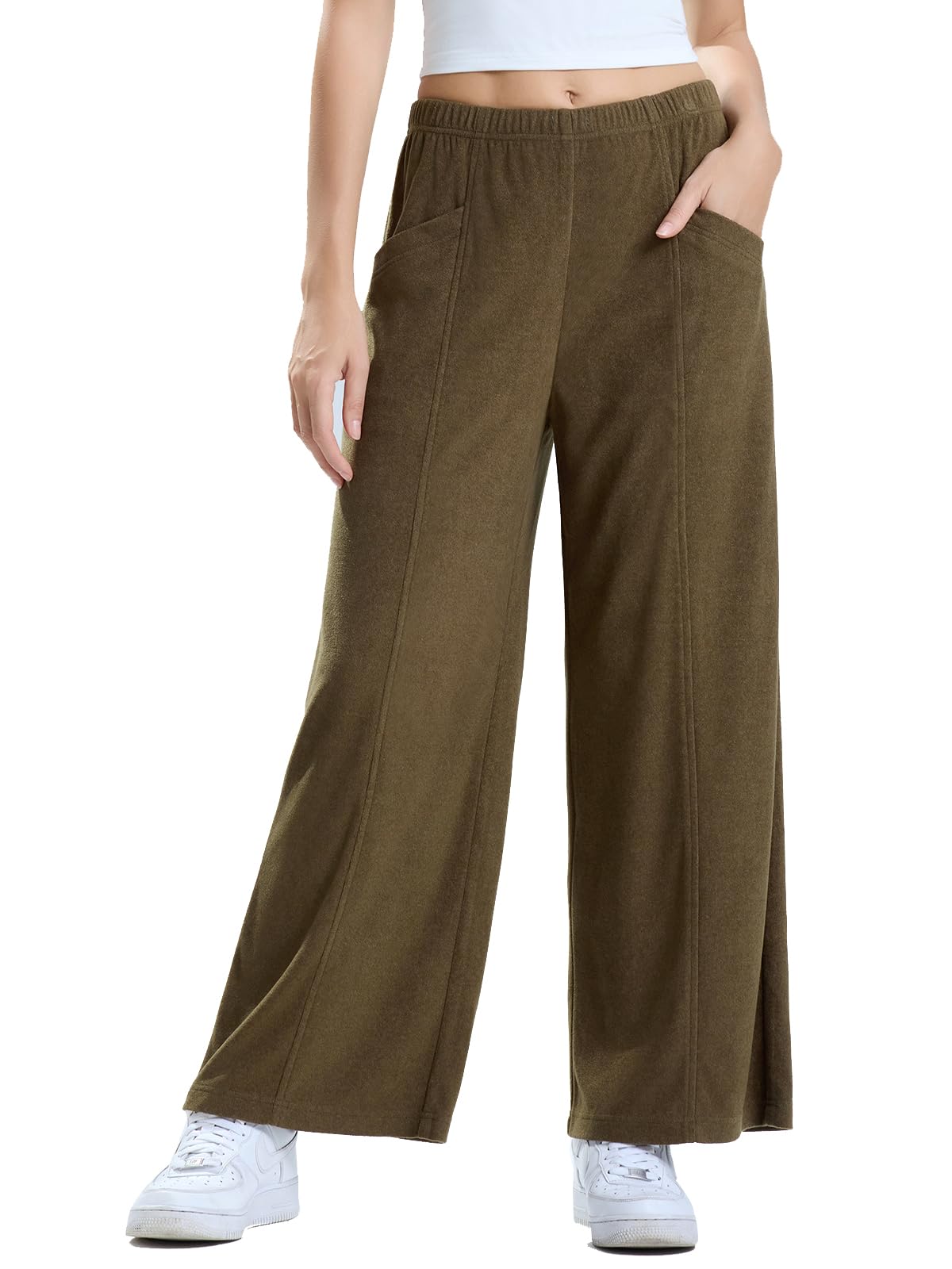 Les umes Womens Wide Leg Pants Elastic Waist Casual Slacks Trousers Loose Long Palazzo Pants with Pockets