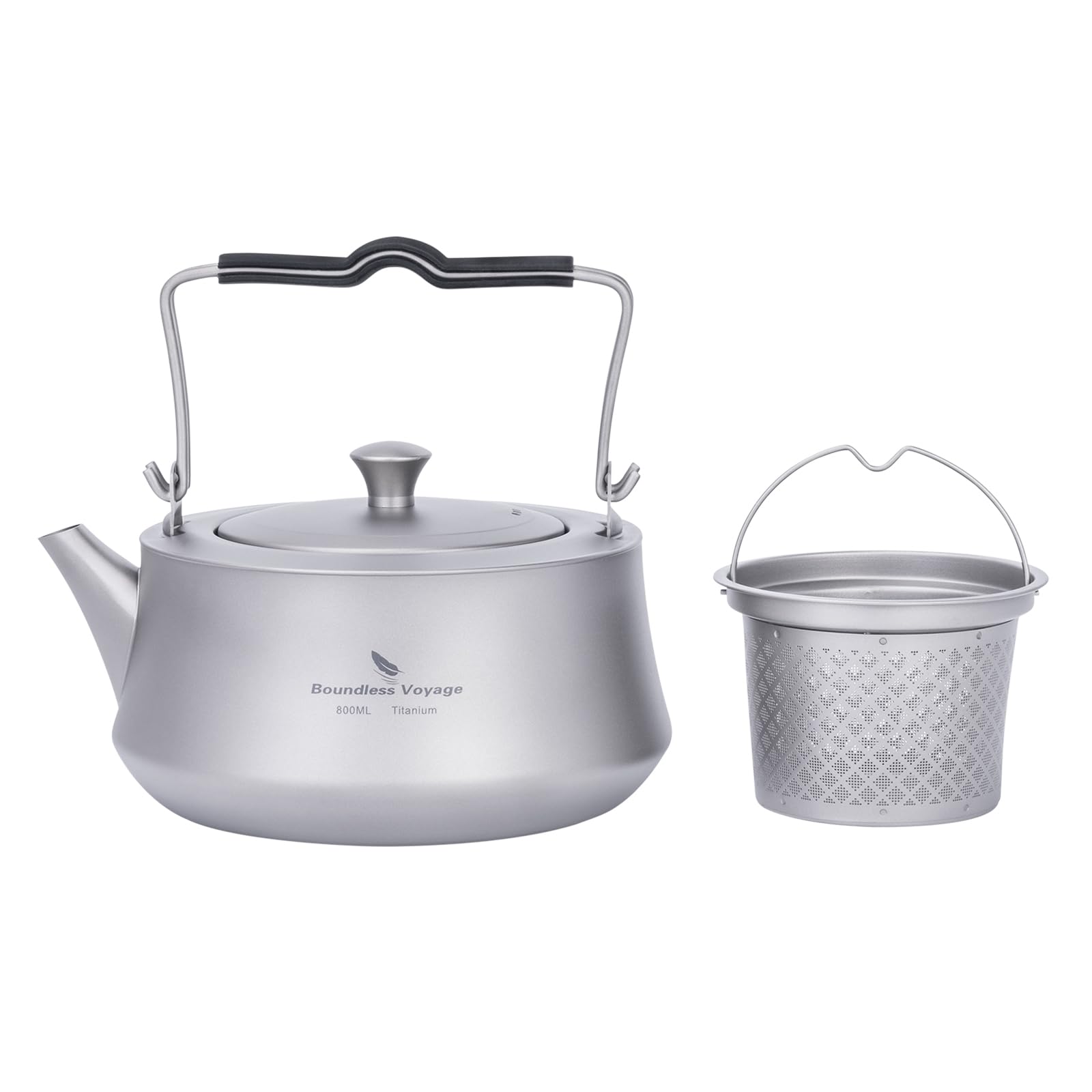 iBasingo Bollitore in titanio da 800 ml con infusore per tè sfuso, caffettiera con filtro e manico pieghevole, caldaia per acqua ultraleggera per campeggio all'aperto, brocca d'acqua Ti3093D