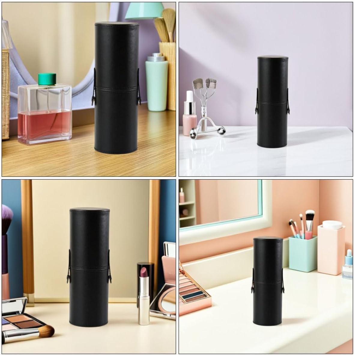 PU Makeup Brush Holder Black for Travel with Lid 2pcs