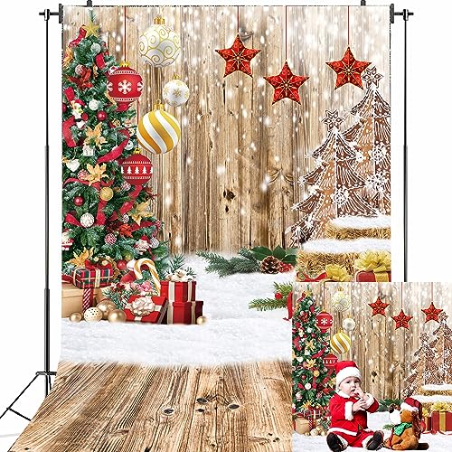Telón de fondo de pared de madera de Navidad para fotografía, fondo de suelo de madera rústica de 5 x 7 pies, decoración de fiesta de Navidad con purpurina para niños, accesorios de fotos de retrato