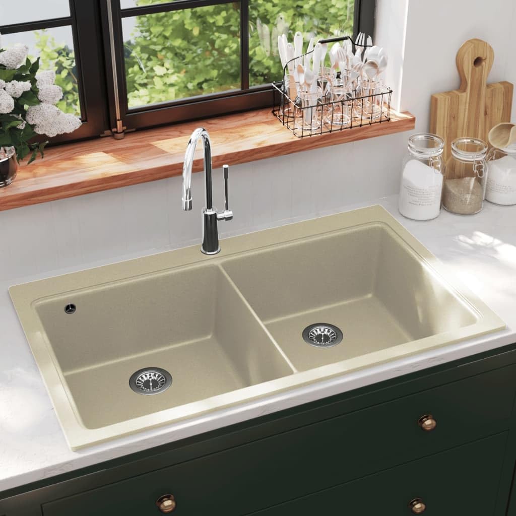 Fregadero de cocina de granito doble lavabo, color beige, artículo color beige