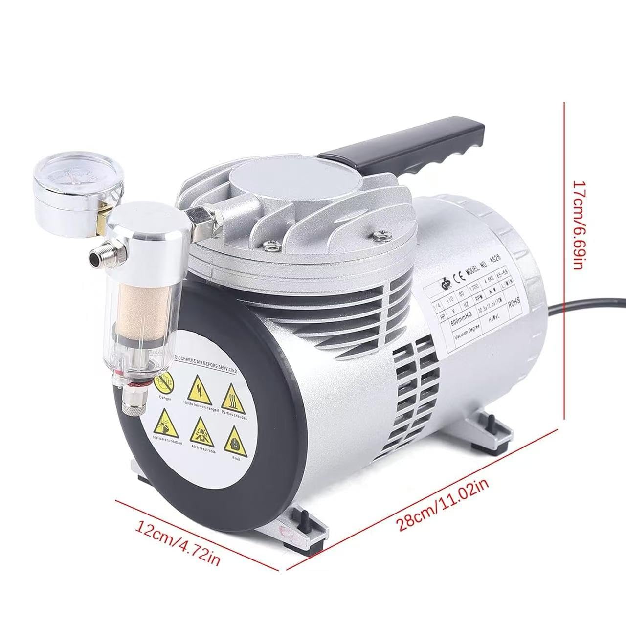 Pompa a vuoto oil-free 1/6HP, 20-23L/Min con manometro per imballaggi alimentari, aspirazione laboratorio, aria condizionata