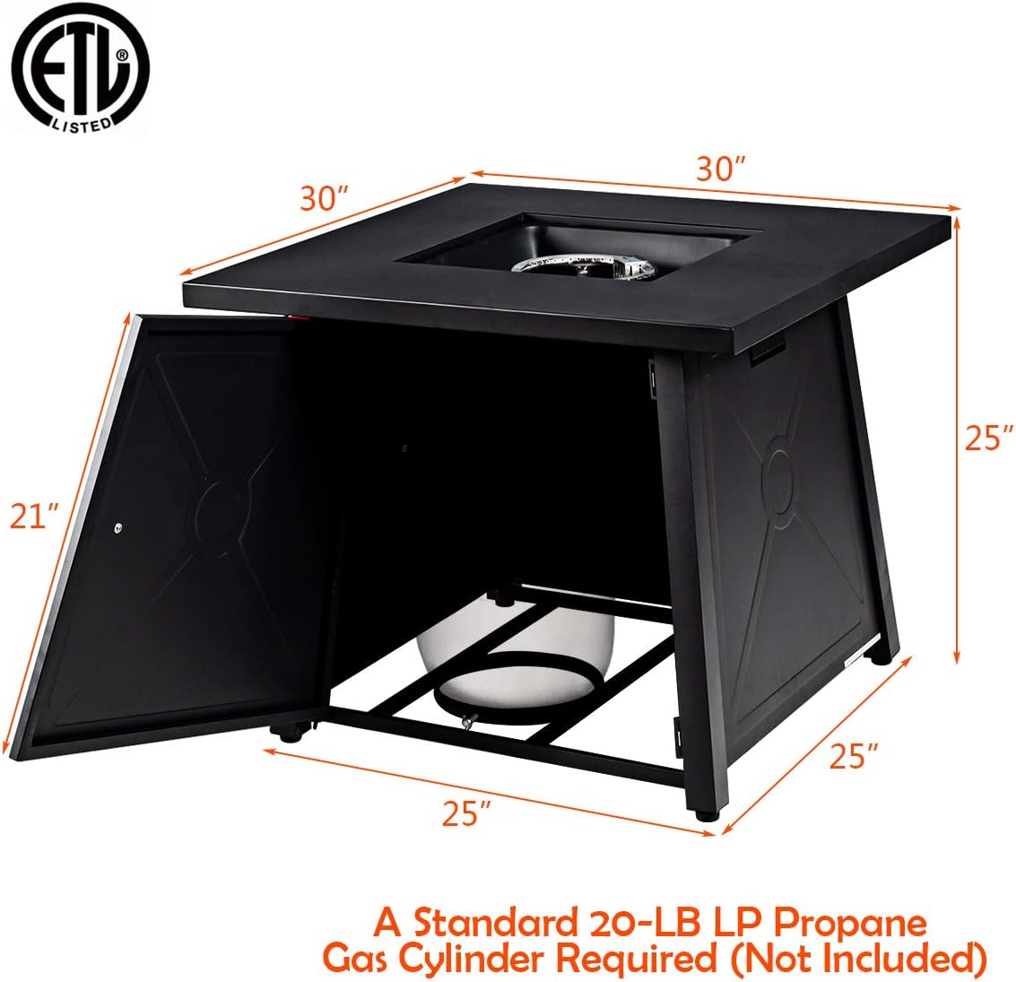 30 Inch Outdoor Fire Table, 50,000 BTU Gas Fire Pit Table with Metal Tabletop, Lid, Lava Rock, Electric Igniter & Hideaway Tank Holder, Propane Fire Table for Outside, Garden, Party(Black)