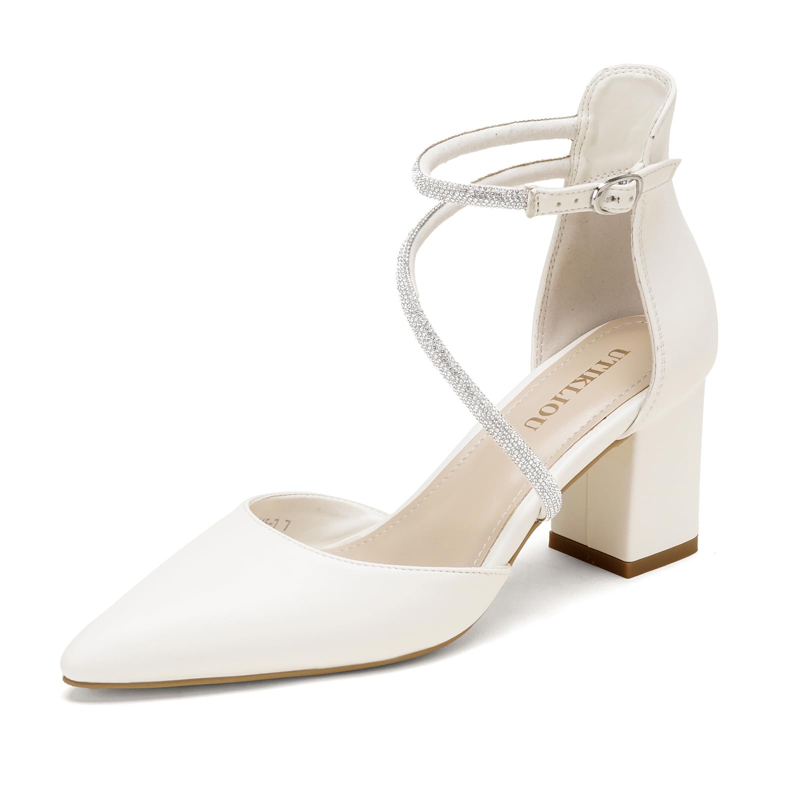 UTIKLIOU Dress Shoes for Women Low Heel Pumps Wedding Shoes Rhinestone Ankle Strap Pointed Toe Chunky Heels