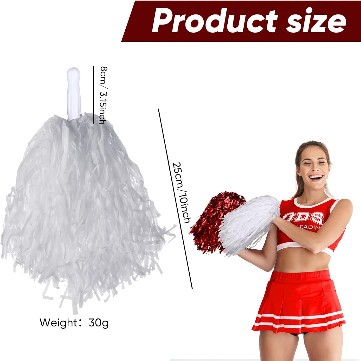 24 Pcs Cheerleading Pom Poms, Metallic Foil Handle Cheer Squad Team Spirited Fun Pom Poms for Party, Sports Dance Cheer, 30 Grams Weight Each (White, Red) : Sports & Outdoors