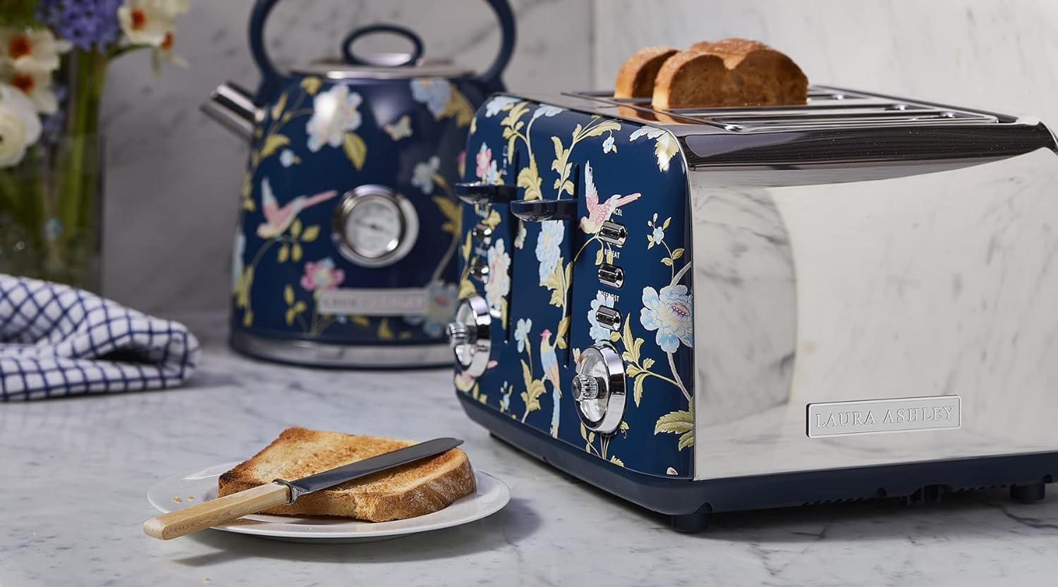 VQ Laura Ashley Elveden Navy Tostadora Acero Inoxidable 4 Ranuras | Modos Calefacción Descongelación Recalentamiento Ajustables Vintage Soporte Calentar Croissants