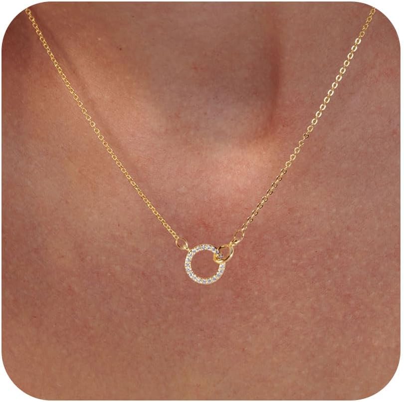 HANLI 14K Gold Plated Double Circle Pendant Necklace for Women - Simple and Elegant Gold Jewelry for Women