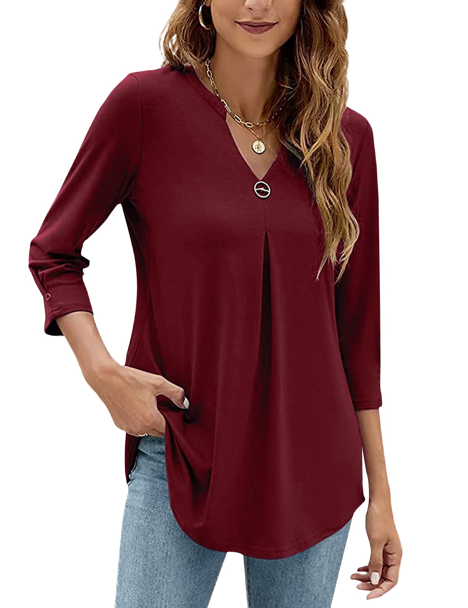 HANERDUN Blusas Mujer Elegantes Camiseta de Manga 3/4 con Cuello en V Verano Top Túnica