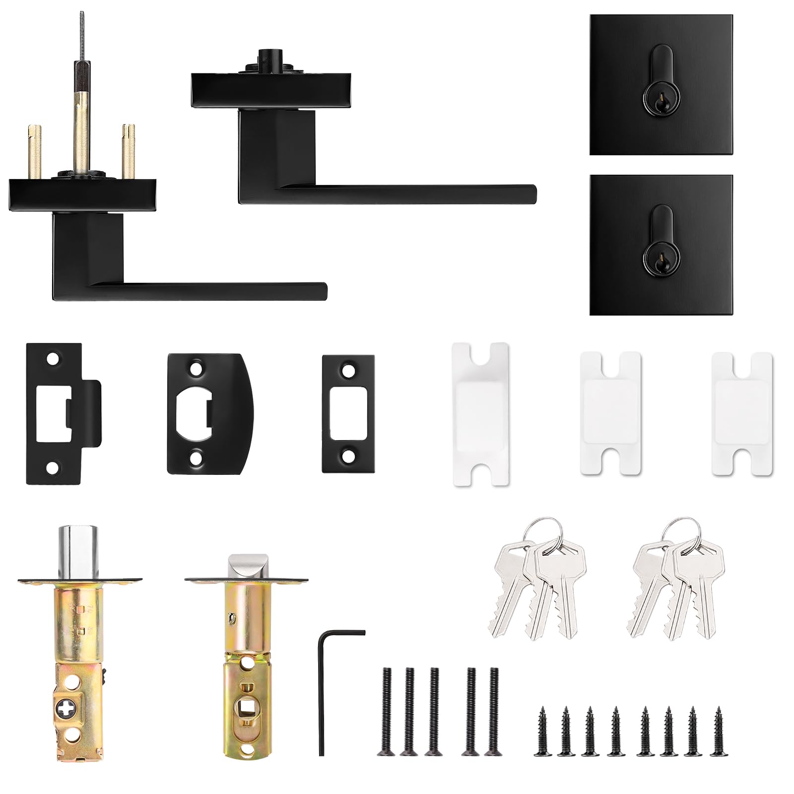 Probrico Juego de cerraduras de puerta exterior de color negro mate con cerrojo de seguridad, manija de entrada de puerta delantera y cerrojo de doble cilindro, palanca de puerta cuadrada con