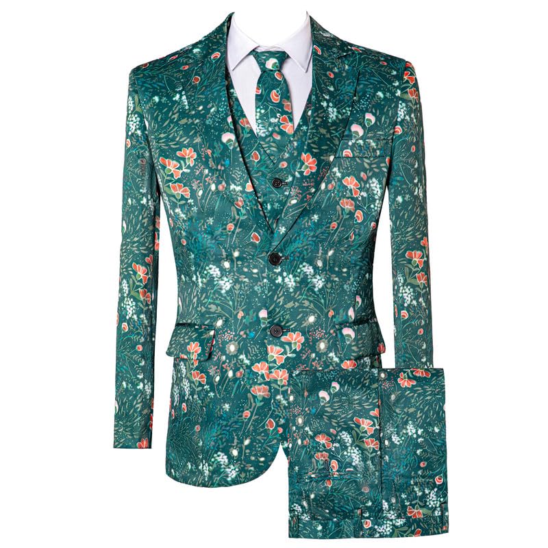 HBDesign Men's Flat Lapel Neckline Green Print 2 Button Suit 4 Piece