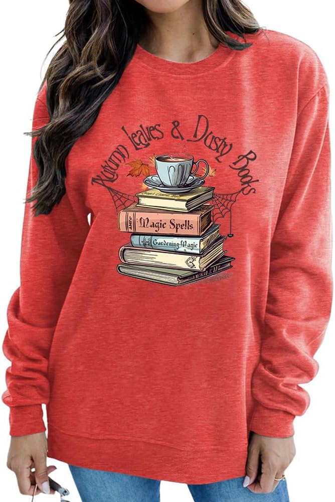 MLZHAN Autumn Leaves Dusty Books Graphic Sweatshirt For Women - Halloween Coffee Cozy Pullover - View #4