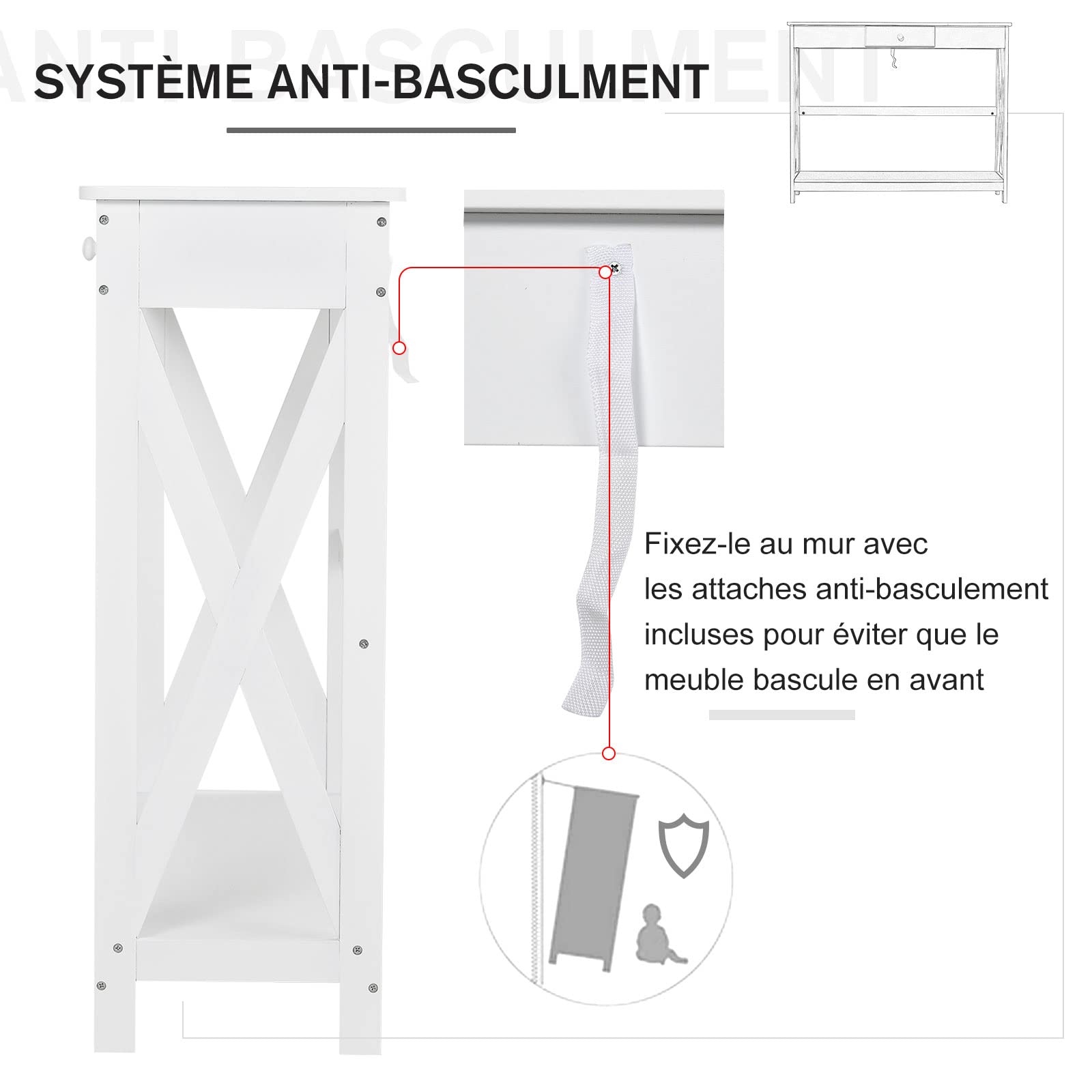 HOMCOM Table Console avec 1 Tiroir Table d'Entrée 100L x 30l x 81H cm Blanc | 1 Étagère, en Bois