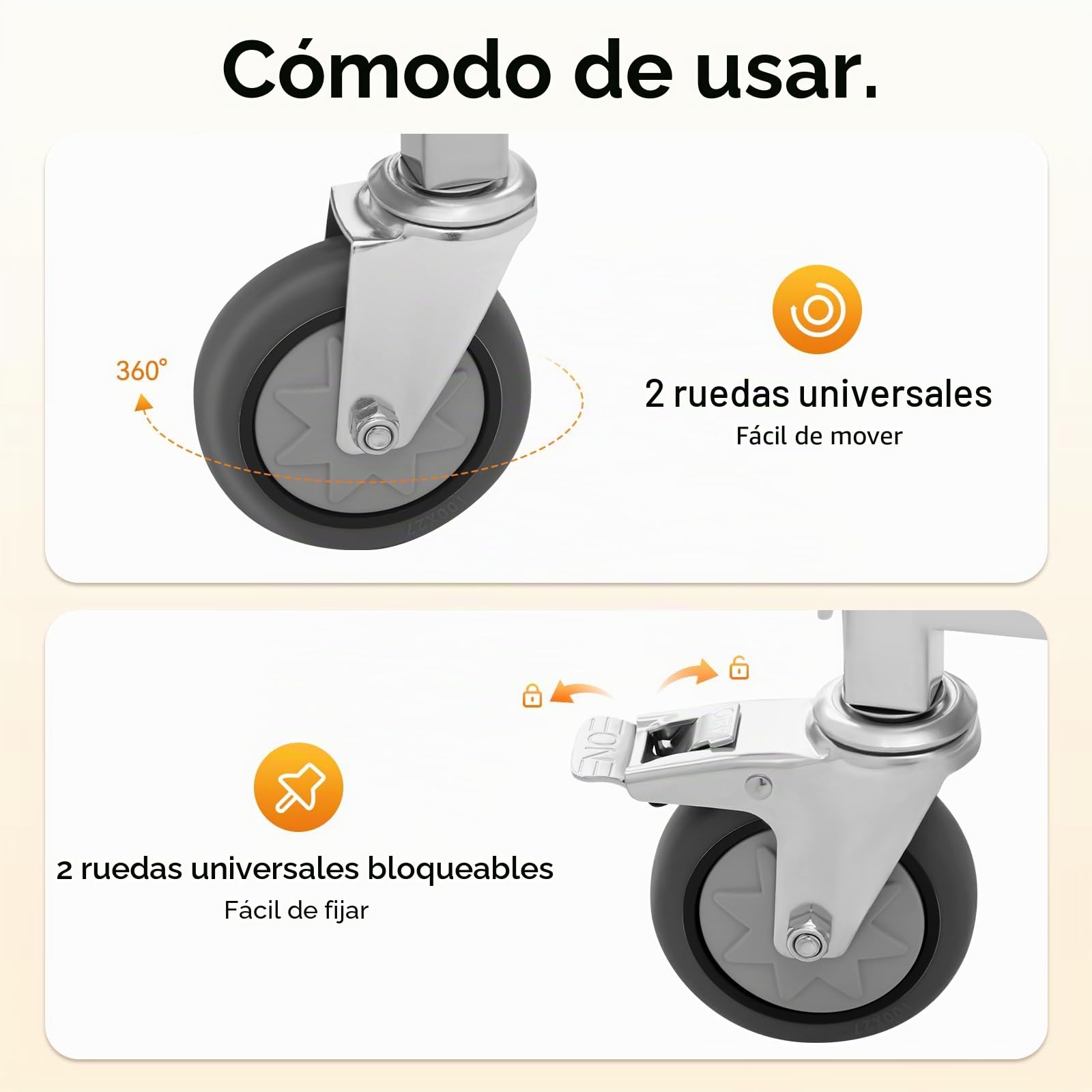 Carro de cocina de acero inoxidable de 3 niveles con asa, carrito de servicio con ruedas con freno, estante de cocina máx. 60 kg, carrito multifuncional para comedor, salón, hotel