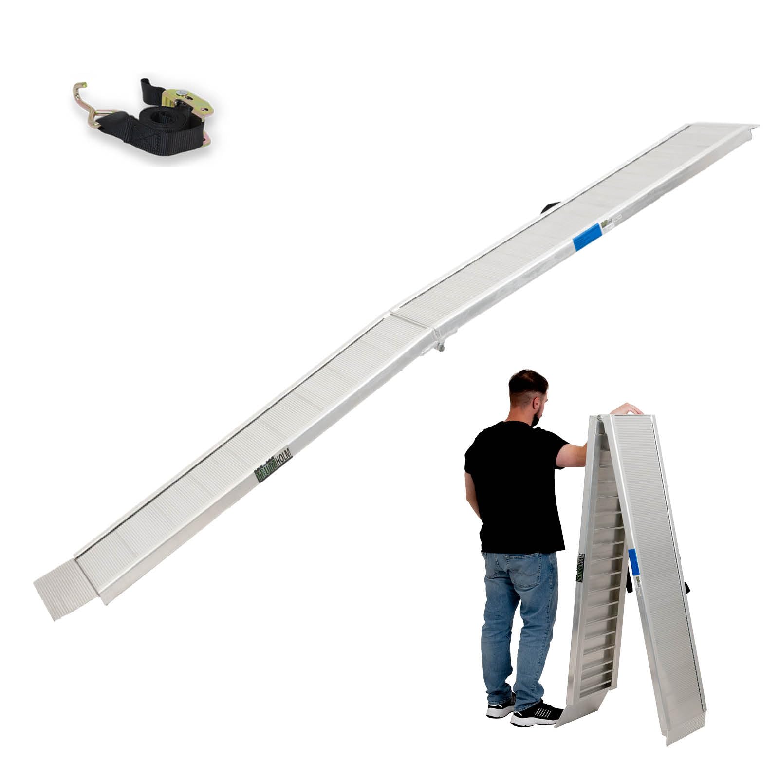 TRUTZHOLM Alu Auffahrrampe klappbar 307 cm extra lang 450 kg Traglast geriffelt Motorradrampe bewegliche Auflage anpassungsfähig Flacher Auffahrwinkel Tragegriff grau