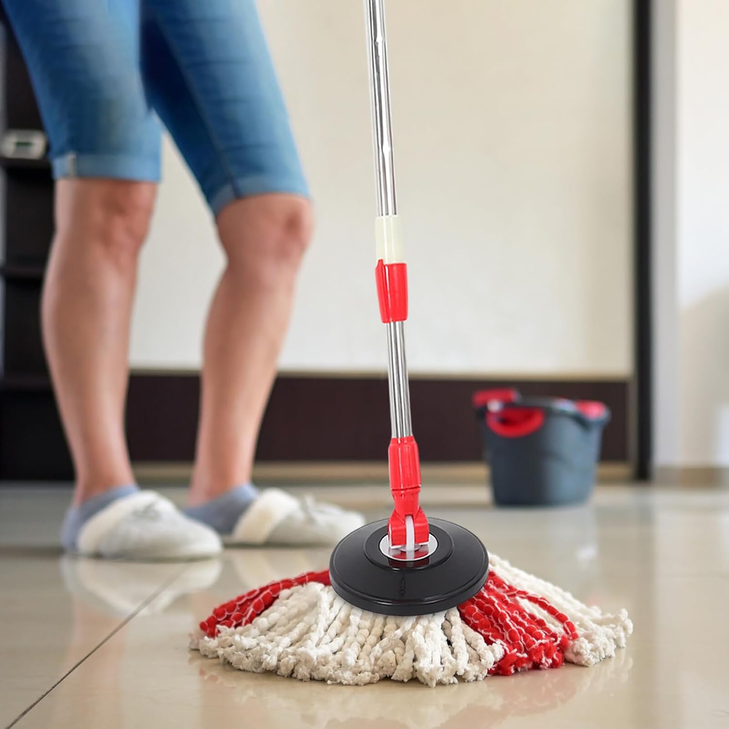 Replacement Mop Handle with Plastic Disc, Stainless Steel Rotating Telescopic Mop Stick, Reinforced Anti-Burst Rod for Bucket Mopping in Home and Commercial Cleaning