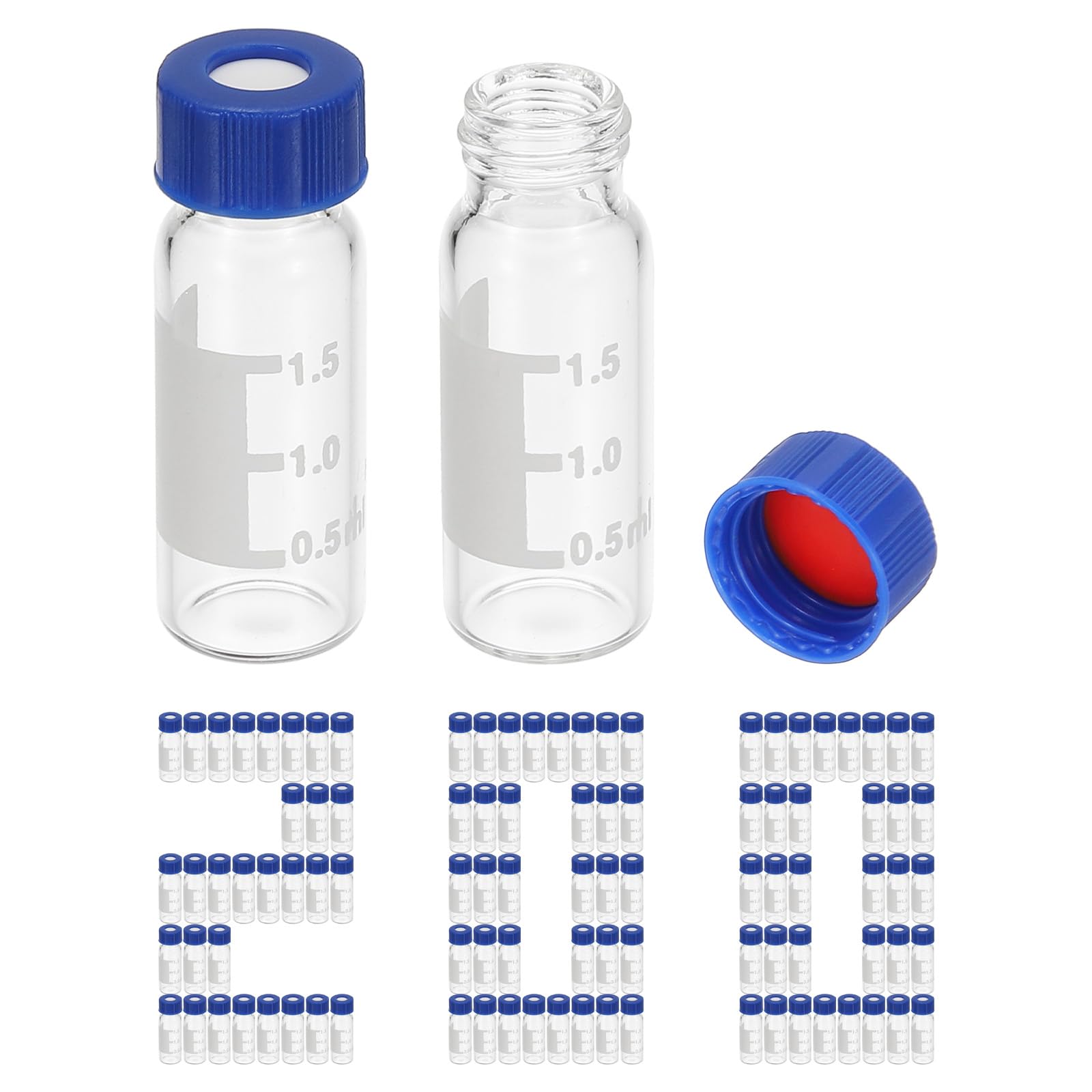 PATIKIL 2ml Autosampler Vial, 200 Pack HPLC/GC Vials 9-425 Lab Clear Vials Sample Vial Screw Cap Writing Patch Red PTFE & White Silicone Septa for LC