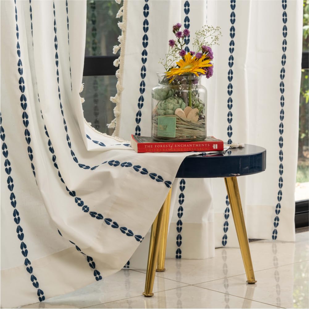 Urban Space Embroidery Curtains for Door, 100% Cotton Curtains 7 Ft Pack with Tassels, Tieback & Eyelets, 60-65% Room Darkening (Vintage Indigo, 7 Feet)-image-15