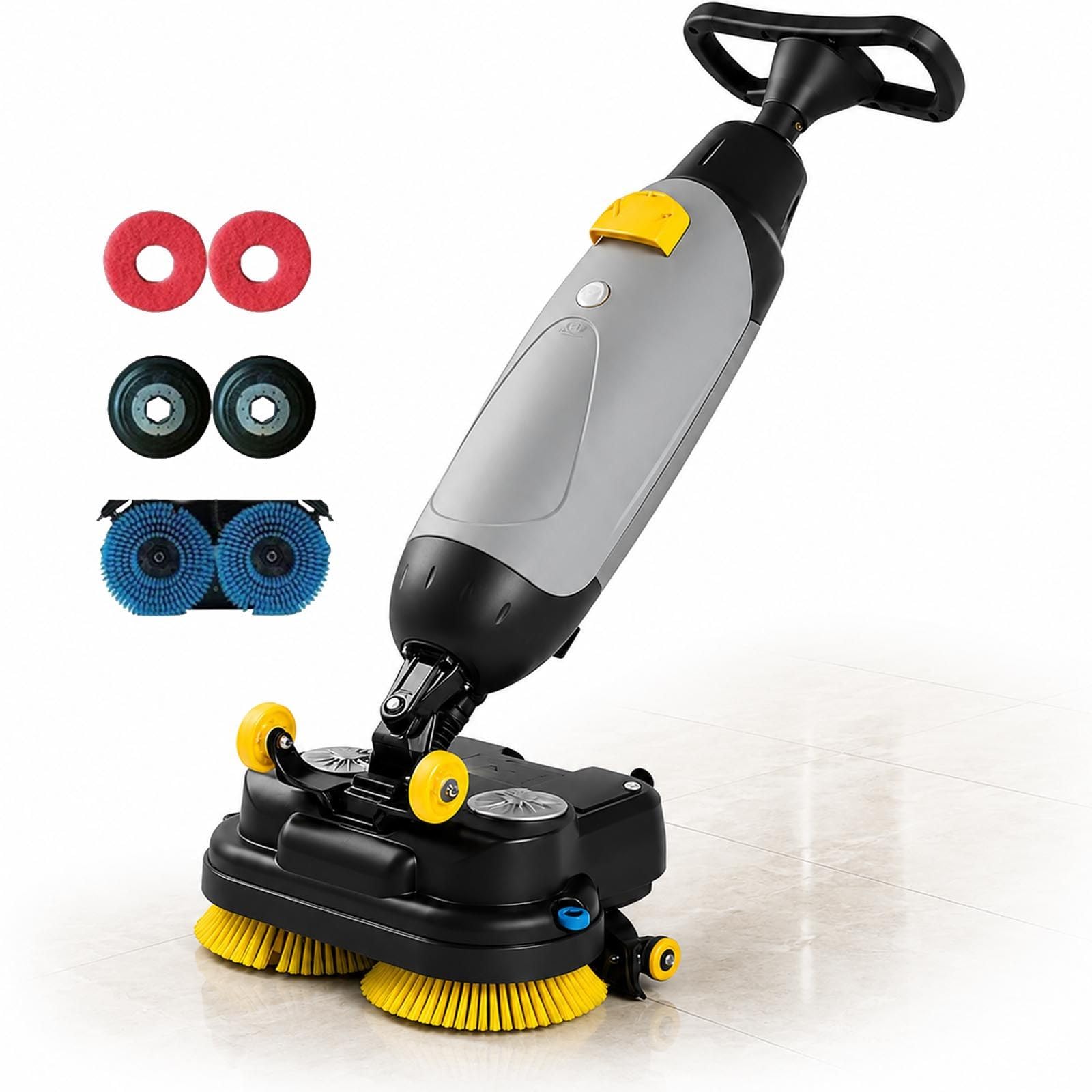 menglanchang 17 Inch Commercial Floor Scrubber Machine, Battery Powered Walk-Behind Cleaner with Dual Rotating Brushes and Squeegee for Fast Cleaning in Offices, Stores and Restaurants Grey