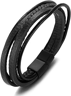 HALUKAKAH Basics ● Road Trip ● Men's Genuine Black Leather Multilayer Bracelet Titanium Black Magnetic Clasp 8"(20.5cm) with Free Giftbox, 8 inches, Leather