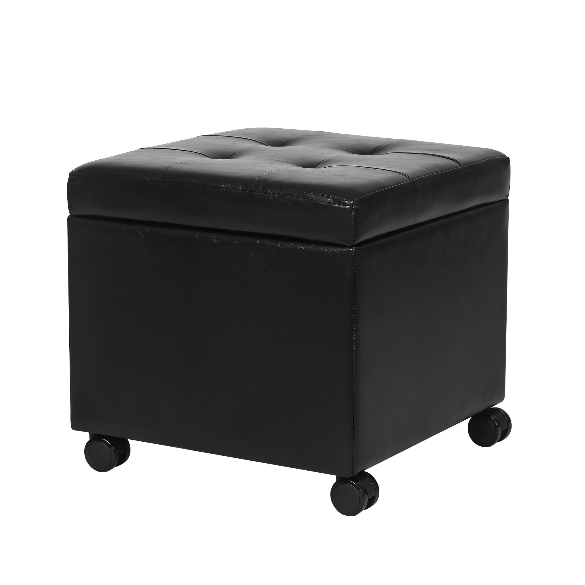Decent Home Ottoman with Wheels, 17 Inch Ottoman Footstool with Wheels, Small Square Faux Leather Ottomans Foot Rest Black Rolling Storage Bench,