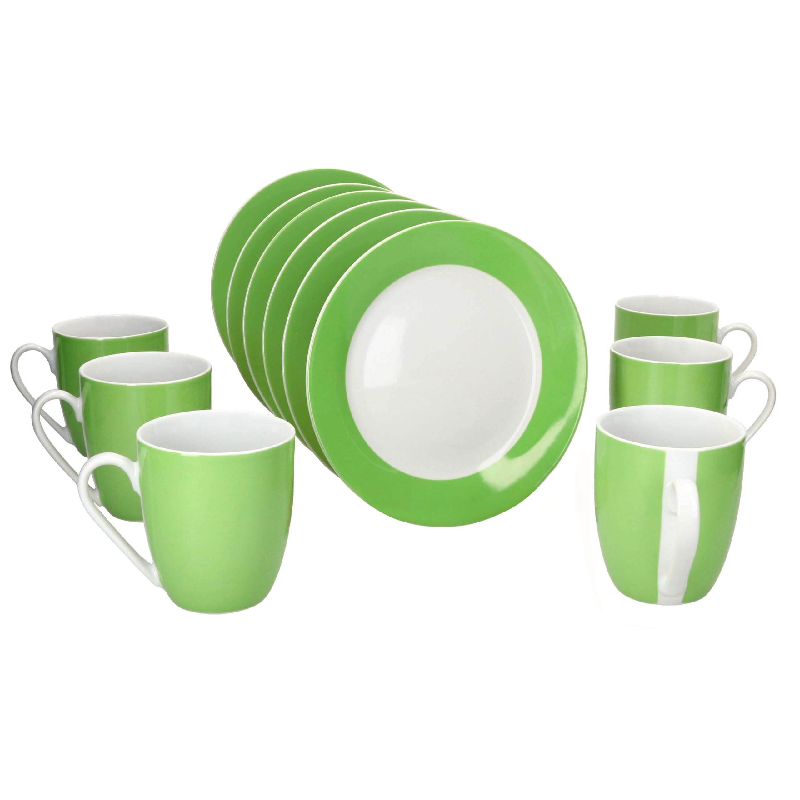 MamboCat Variant Service de petit-déjeuner 12 pièces Vert I 6 petites assiettes et 6 tasses à café de 350 ml, hauteur 10,3 cm pour 6 personnes I Tasse, assiettes à gâteau I Vaisselle en porcelaine