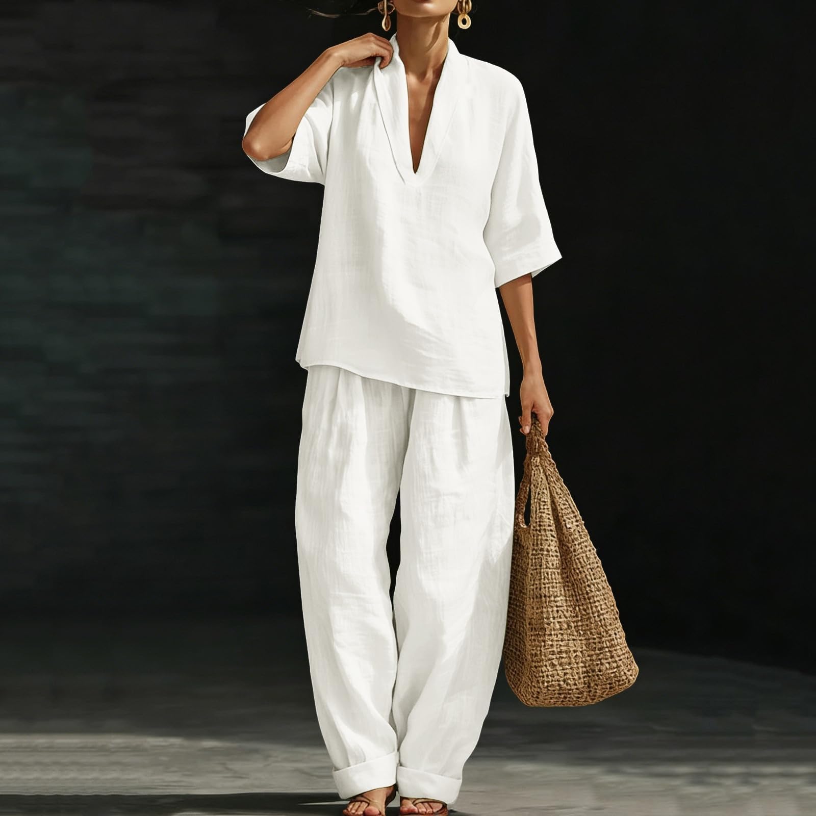 Co Ord Ensembles 2 pièces pour femme - Tenue de voyage à l'aéroport - Chemise à manches mi-longues et col en V - Pantalon ample à jambes larges avec poches - En coton et lin - Vêtements de vacances