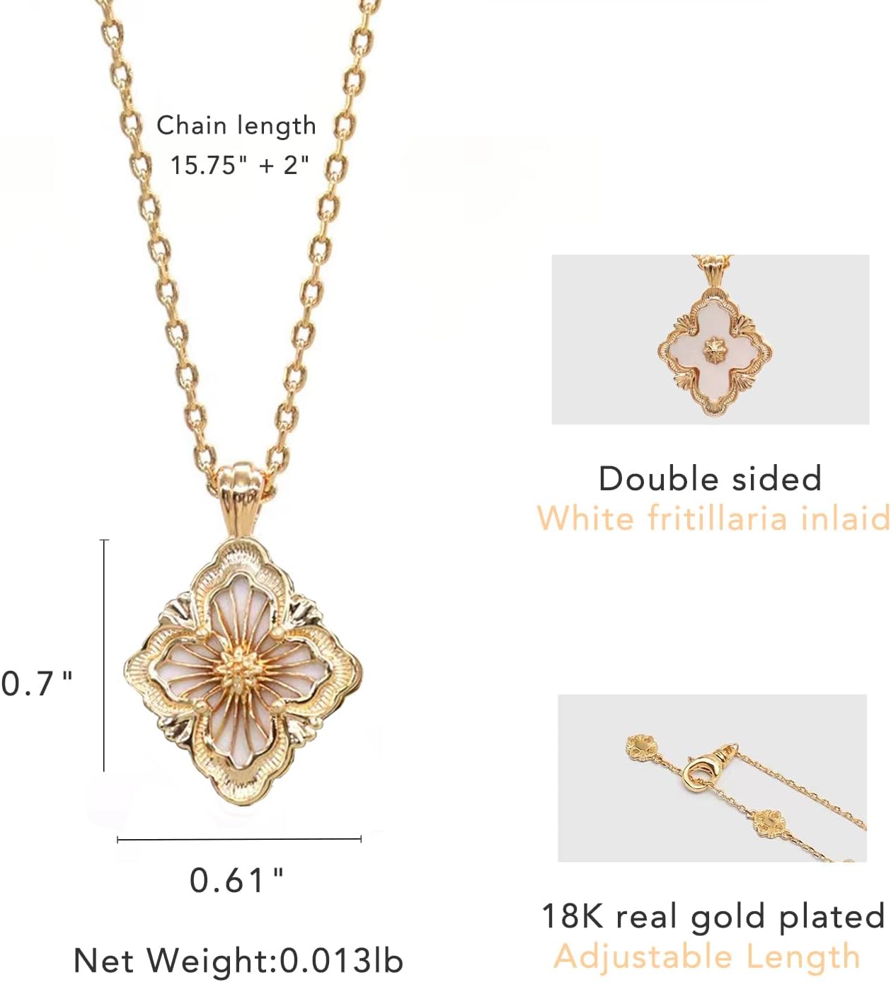 Gold Clover Necklace for Women, Double-Sided Pendant by 18K Gold-plated inlaid Natural Stone Pendant Necklace,Turquoise/Malachite/Black Onyx Stone/White Mother of Pearl,Jewelry Gift for Women - Image 3