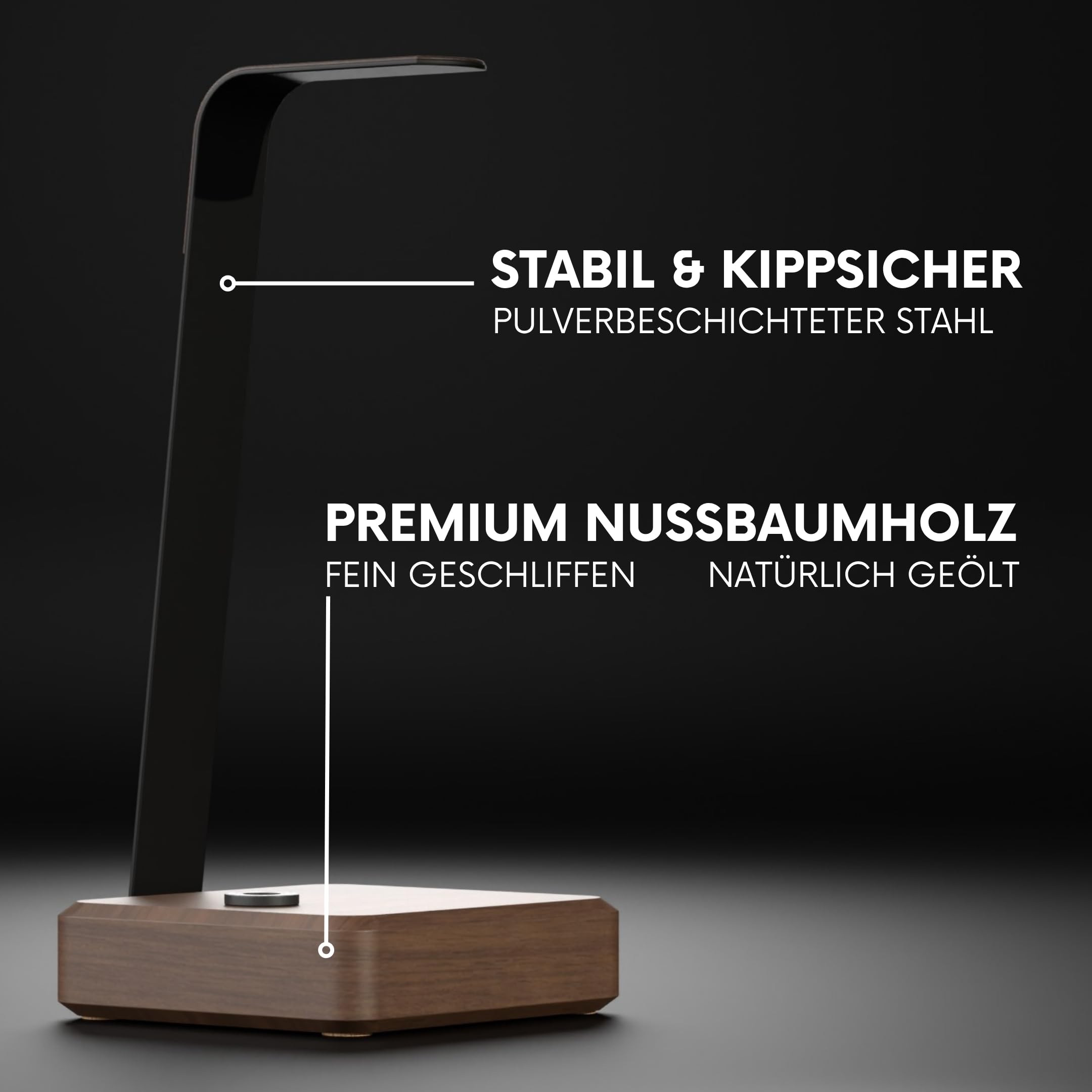 Headset Halterung aus Nussbaumholz – Kopfhörer Halterung mit schwerem Stahlblech & Lederlook Auflage – Kopfhörer Halter Holz mit Kabeldurchführung Schreibtisch Zubehör & Kopfhörer Ständer