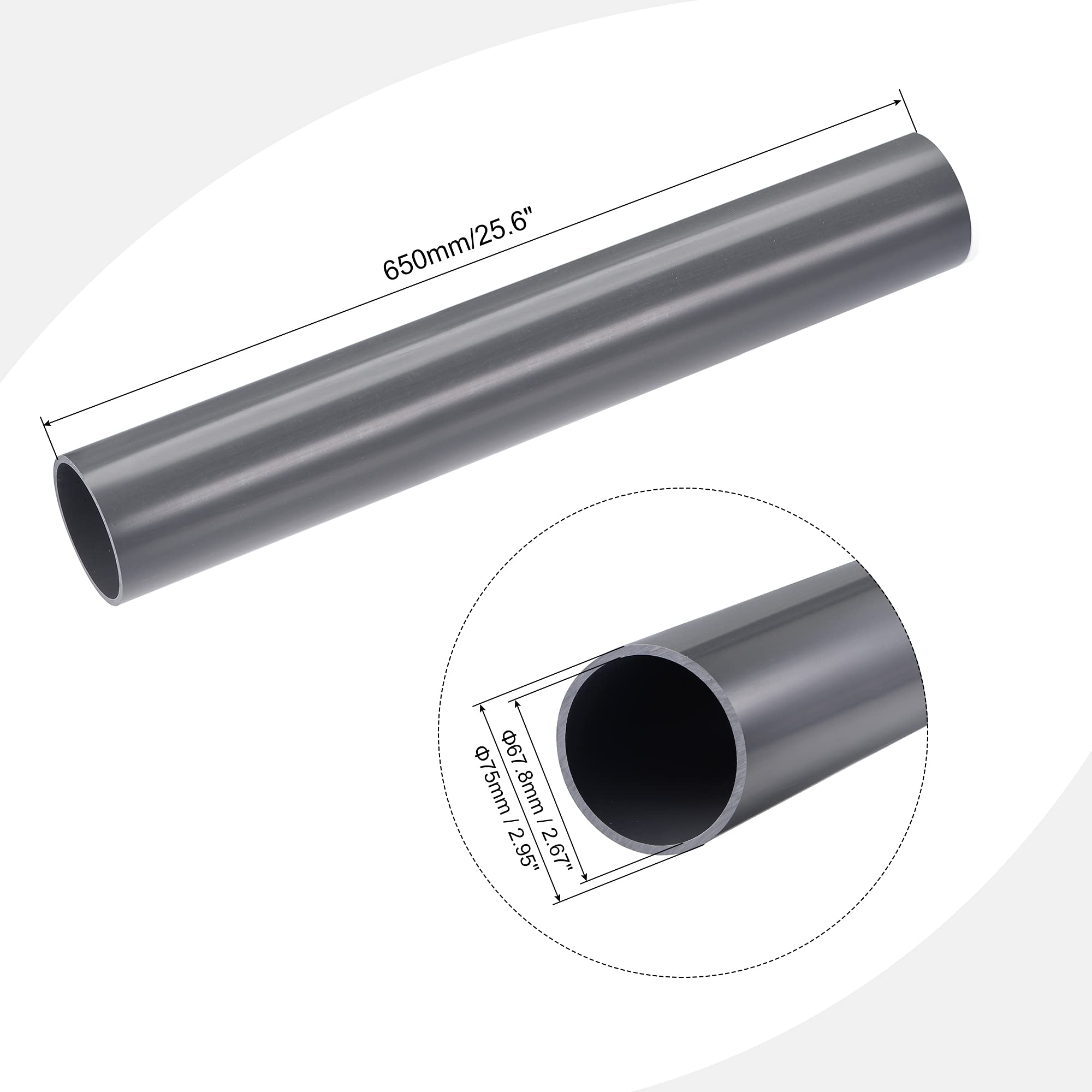 sourcing map Tubo redondo rígido de PVC 67.8mm ID 75mm OD 0.65m m de alto impacto gris claro para la tubería de agua, manualidades