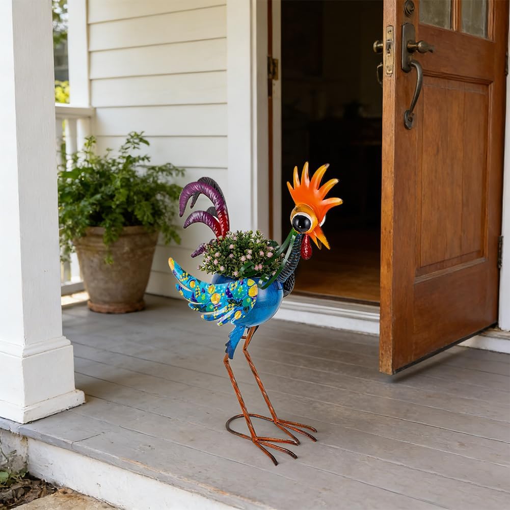 Planters for Outdoor Plants,25.6 Inch Tall Metal Yard Rooster Decor for Outdoor Plants, Weather-Resistant Flower Pots for Garden Patio Porch Decor