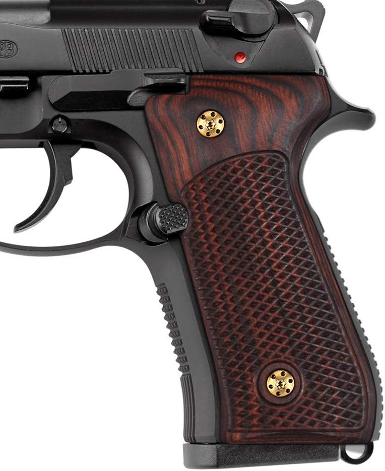 Wood Grips for Beretta 92/96 Full Size, 92 fs, m9, 92a1, 92 INOX, Gold Grips Screws Included, Checker Diamond Cut Texture, 1/4" Thin