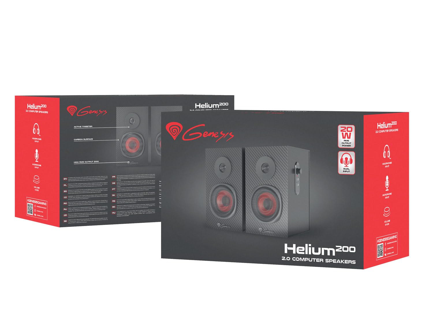 Genesis Helium 200 PC Lautsprecher 2.0 Schwarz/Rot, kabelgebundene Gaming Lautsprecher 20W RMS, Computer Lautsprecher mit Mini Jack 3,5 mm, Kopfhörerausgang, Holzgehäuse, Lautstärkeregler