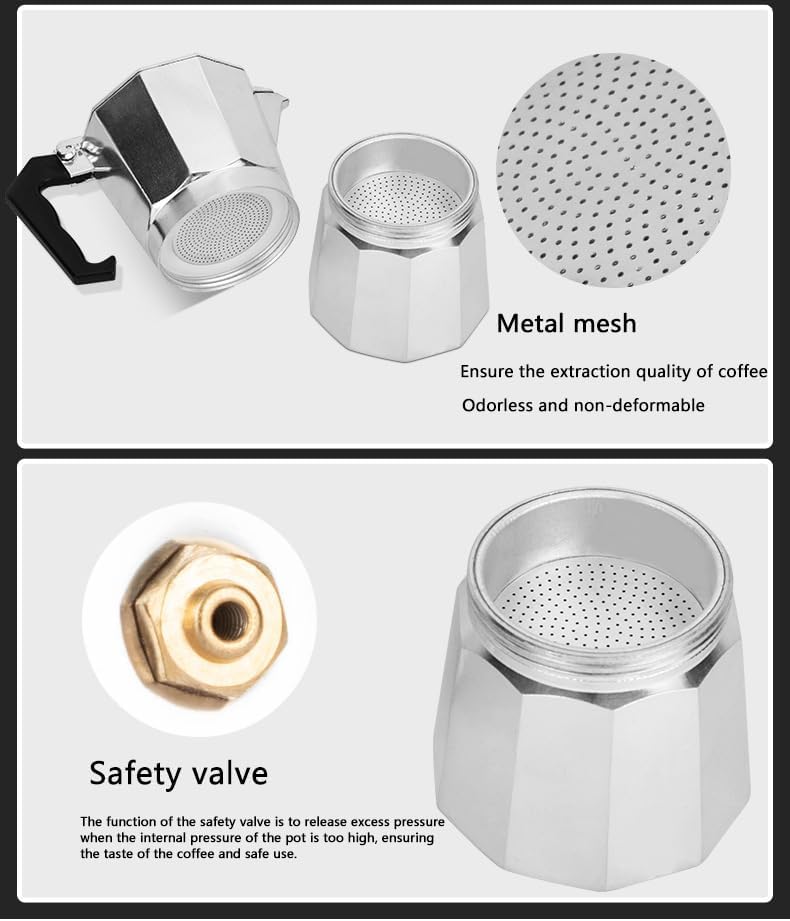 Miniatura 3 de Cafetera clásica para café expreso y café, olla Moka para café italiano y cubano, compatible con estufas eléctricas y de gas, 9 tazas de espresso de