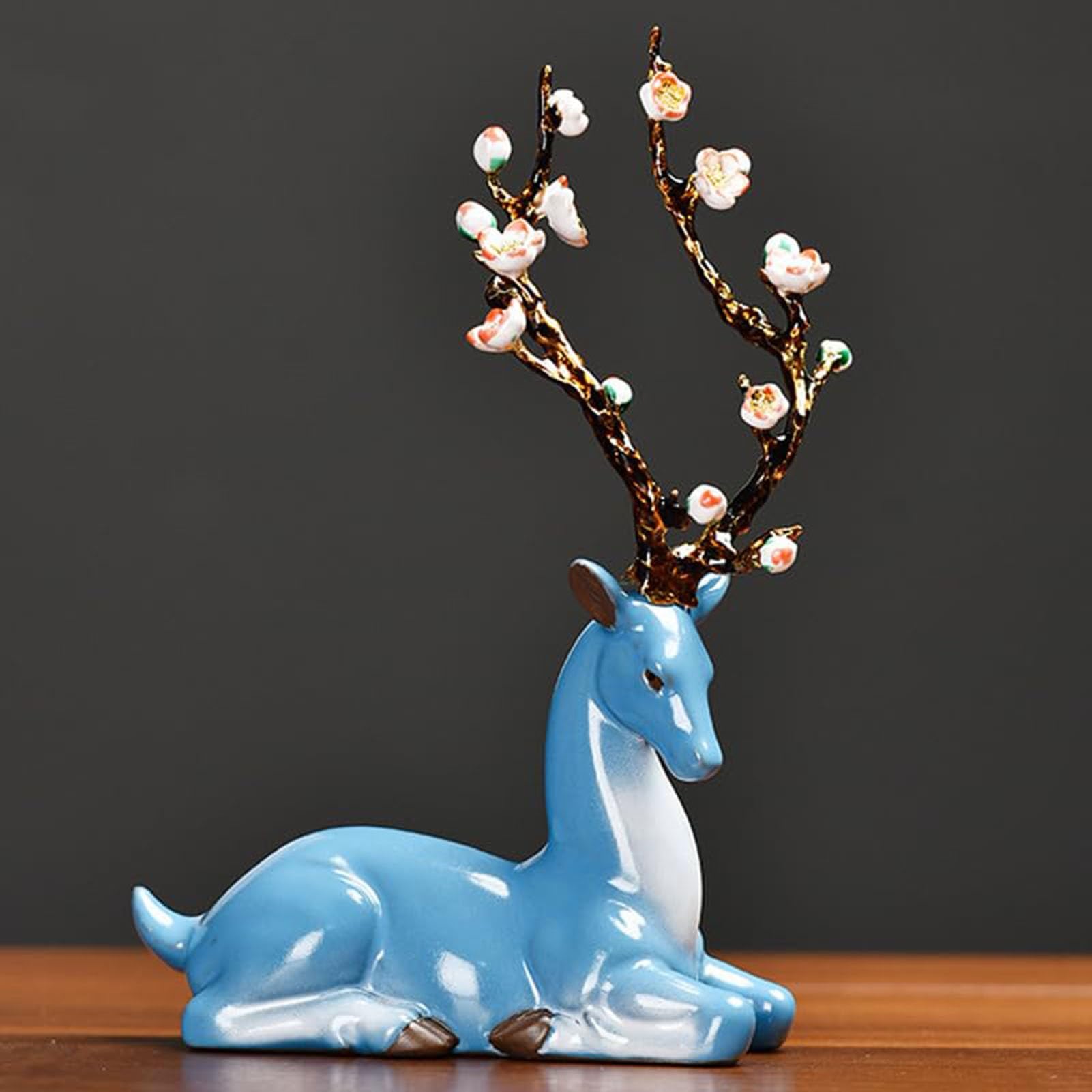 YUZDNM Art Statue - Decoration Porcelain Sika Deer Figures Reindeer Sculpture, Animal Figurines Ceramic Statues Elk Home Décor, 10 in Desktop Art Figure(Blue)