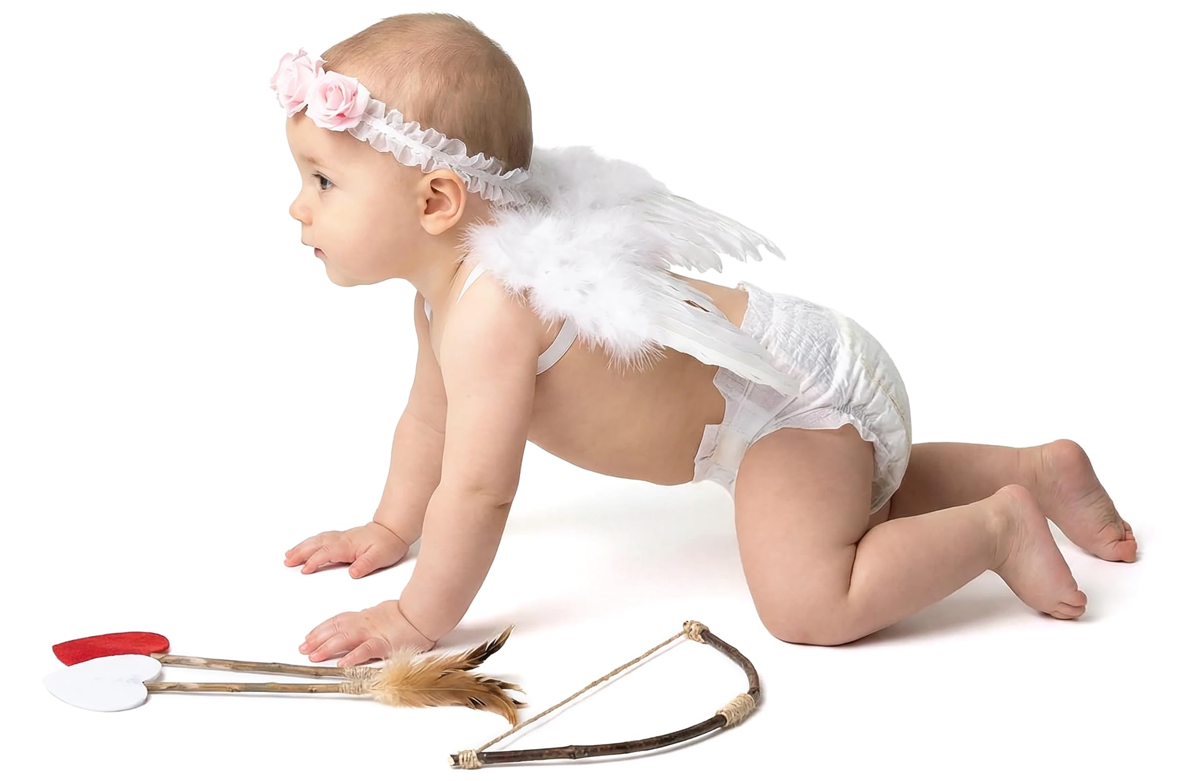 Amor Present Baby Wings Newborn Baby Lovely White Feather Angel Wings with Headband Bow Swords Infant Cupid Costume Photo Prop Outfit Easter April Fools Day Gift