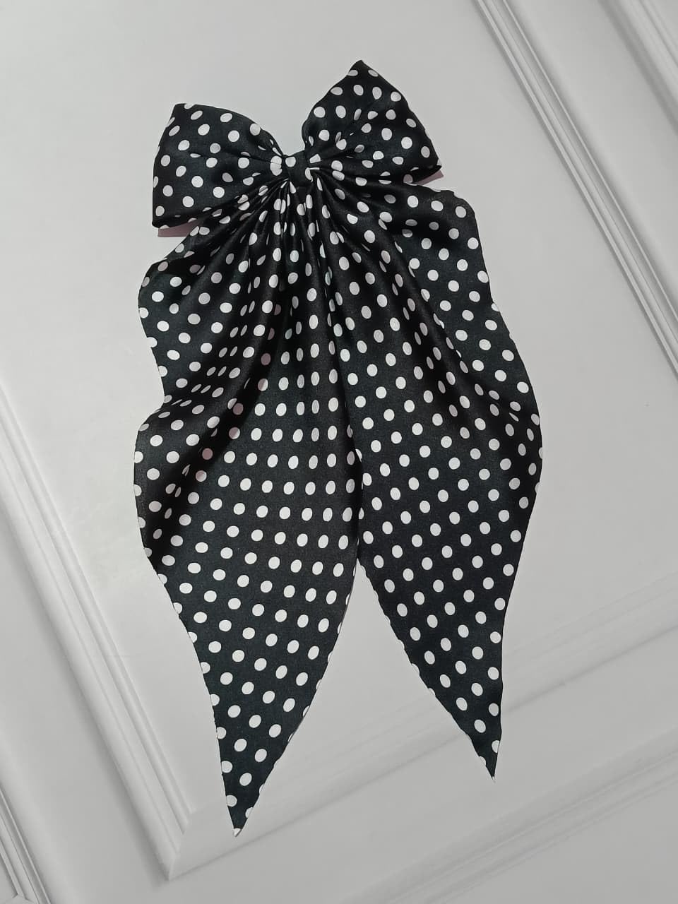 Polka Dot Printed Scarf bow for Women and Girls, Black and White, Trendy Hair Accessory-image-36